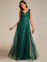 Load image into Gallery viewer, Color=Dark Green | Shiny V-Neck Sequin Sleeveless Evening Dress with Tulle-Dark Green 