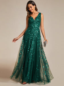 Color=Dark Green | Shiny V-Neck Sequin Sleeveless Evening Dress with Tulle-Dark Green 