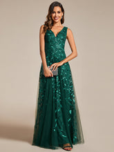 Load image into Gallery viewer, Color=Dark Green | Shiny V-Neck Sequin Sleeveless Evening Dress with Tulle-Dark Green 