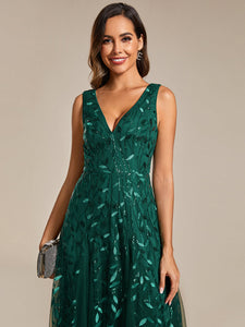 Color=Dark Green | Shiny V-Neck Sequin Sleeveless Evening Dress with Tulle-Dark Green 