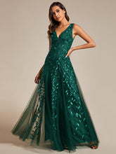 Load image into Gallery viewer, Color=Dark Green | Shiny V-Neck Sequin Sleeveless Evening Dress with Tulle-Dark Green 