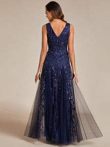 Color=Navy Blue | Shiny V-Neck Sequin Sleeveless Evening Dress with Tulle-Navy Blue 