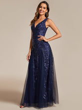 Load image into Gallery viewer, Color=Navy Blue | Shiny V-Neck Sequin Sleeveless Evening Dress with Tulle-Navy Blue 