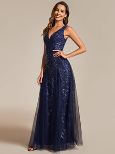 Color=Navy Blue | Shiny V-Neck Sequin Sleeveless Evening Dress with Tulle-Navy Blue 