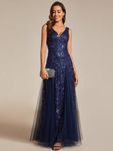 Load image into Gallery viewer, Color=Navy Blue | Shiny V-Neck Sequin Sleeveless Evening Dress with Tulle-Navy Blue 