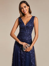 Load image into Gallery viewer, Color=Navy Blue | Shiny V-Neck Sequin Sleeveless Evening Dress with Tulle-Navy Blue 