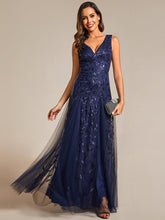 Load image into Gallery viewer, Color=Navy Blue | Shiny V-Neck Sequin Sleeveless Evening Dress with Tulle-Navy Blue 