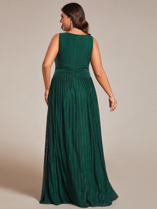 Color=Dark Green | Plus Glittery Pleated Empire Waist Sleeveless Formal Evening Dress-Dark Green 