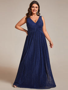 Color=Navy Blue | Plus Glittery Pleated Empire Waist Sleeveless Formal Evening Dress-Navy Blue 1