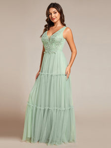 Color=Mint Green | Embroidery V Neck Wholesale Chiffon Evening Dress With Sleeveless-Mint Green 4