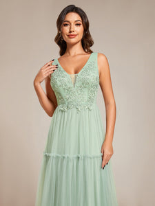 Color=Mint Green | Embroidery V Neck Wholesale Chiffon Evening Dress With Sleeveless-Mint Green 5