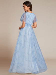 Color=Ice blue | Elegant Printed Floral Tulle V-Neck Short Sleeves Whoelsale Evening Dress-Ice blue 4