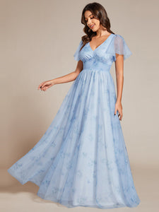 Color=Ice blue | Elegant Printed Floral Tulle V-Neck Short Sleeves Whoelsale Evening Dress-Ice blue 3