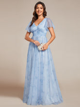 Load image into Gallery viewer, Color=Ice blue | Elegant Printed Floral Tulle V-Neck Short Sleeves Whoelsale Evening Dress-Ice blue 1