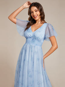 Color=Ice blue | Elegant Printed Floral Tulle V-Neck Short Sleeves Whoelsale Evening Dress-Ice blue 2