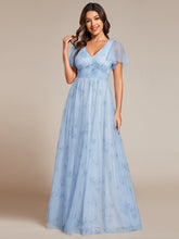 Load image into Gallery viewer, Color=Ice blue | Elegant Printed Floral Tulle V-Neck Short Sleeves Whoelsale Evening Dress-Ice blue 5