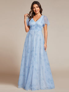 Color=Ice blue | Elegant Printed Floral Tulle V-Neck Short Sleeves Whoelsale Evening Dress-Ice blue 5