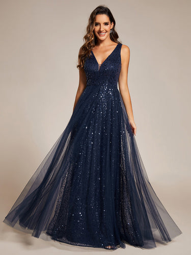 Color=Navy Blue | Elegant V-Neck Backless Sequin Evening Dress with Sleeveless-Navy Blue 1