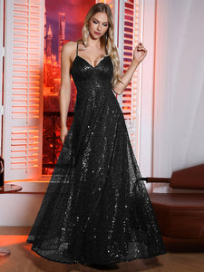 Color=Black | Graceful Spaghetti Straps A Line Shimmer Tulle Evening Dresses with Cross Back-Black 3