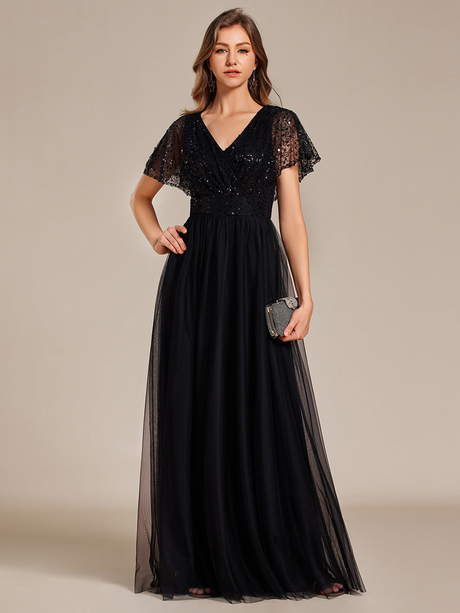 Elegant V Neck Ruffles Sleeve A-Line Empire Waist Tulle Dresses with P –  Efashiongirl Wholesale