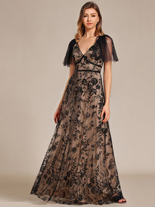 Color=Black | Elegant Embroidery Deep V-Neck Ruffles Short Sleeves Tulle Dresses with Lining-Black 4