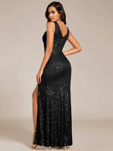 Load image into Gallery viewer, Color=Black | Exquisite U Neck Paillette Bodycon Sequin Dresses with Side Split Fishtail Floor Length Evening Dress-Black 2