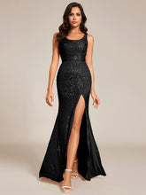 Load image into Gallery viewer, Color=Black | Exquisite U Neck Paillette Bodycon Sequin Dresses with Side Split Fishtail Floor Length Evening Dress-Black 1