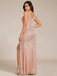 Color=Rose Gold | Exquisite U Neck Paillette Bodycon Sequin Dresses with Side Split Fishtail Floor Length Evening Dress-Rose Gold 12