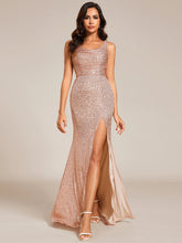 Load image into Gallery viewer, Color=Rose Gold | Exquisite U Neck Paillette Bodycon Sequin Dresses with Side Split Fishtail Floor Length Evening Dress-Rose Gold 14