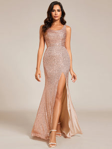 Color=Rose Gold | Exquisite U Neck Paillette Bodycon Sequin Dresses with Side Split Fishtail Floor Length Evening Dress-Rose Gold 14