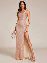 Load image into Gallery viewer, Color=Rose Gold | Exquisite U Neck Paillette Bodycon Sequin Dresses with Side Split Fishtail Floor Length Evening Dress-Rose Gold 11