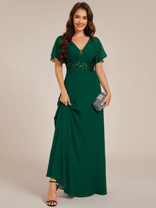 Color=Dark Green | Elegant Ruffles Sleeve Chiffon Evening Dresses with Pleated Applique Decoration-Dark Green 3