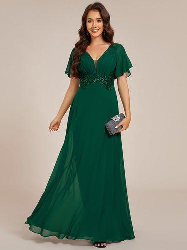 Color=Dark Green | Elegant Ruffles Sleeve Chiffon Evening Dresses with Pleated Applique Decoration-Dark Green 1