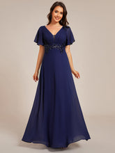 Load image into Gallery viewer, Color=Navy Blue | Elegant Ruffles Sleeve Chiffon Evening Dresses with Pleated Applique Decoration-Navy Blue 11