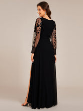 Load image into Gallery viewer, Color=Black | Elegant Embroidery See-Through Design Long Sleeves Floor Length Side Split Hem Chiffon Evening Dresses-Black 2