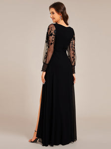 Color=Black | Elegant Embroidery See-Through Design Long Sleeves Floor Length Side Split Hem Chiffon Evening Dresses-Black 2