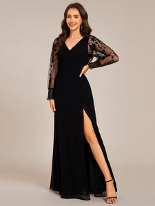 Color=Black | Elegant Embroidery See-Through Design Long Sleeves Floor Length Side Split Hem Chiffon Evening Dresses-Black 3