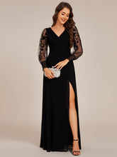 Load image into Gallery viewer, Color=Black | Elegant Embroidery See-Through Design Long Sleeves Floor Length Side Split Hem Chiffon Evening Dresses-Black 4