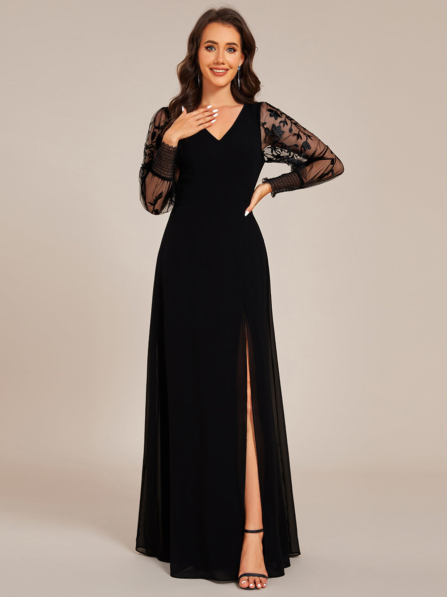 Color=Black | Elegant Embroidery See-Through Design Long Sleeves Floor Length Side Split Hem Chiffon Evening Dresses-Black 1