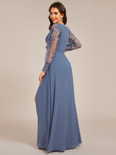 Load image into Gallery viewer, Color=Dusty Navy | Elegant Embroidery See-Through Design Long Sleeves Floor Length Side Split Hem Chiffon Evening Dresses-Dusty Navy 7