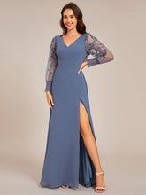 Load image into Gallery viewer, Color=Dusty Navy | Elegant Embroidery See-Through Design Long Sleeves Floor Length Side Split Hem Chiffon Evening Dresses-Dusty Navy 8