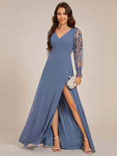 Load image into Gallery viewer, Color=Dusty Navy | Elegant Embroidery See-Through Design Long Sleeves Floor Length Side Split Hem Chiffon Evening Dresses-Dusty Navy 6