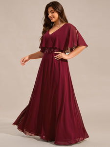 Color=Burgundy | Plus Size Elegant Shawl Bat-wing Sleeve Chiffon Evening Dresses with Applique Decoration-Burgundy 4