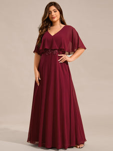 Color=Burgundy | Plus Size Elegant Shawl Bat-wing Sleeve Chiffon Evening Dresses with Applique Decoration-Burgundy 5