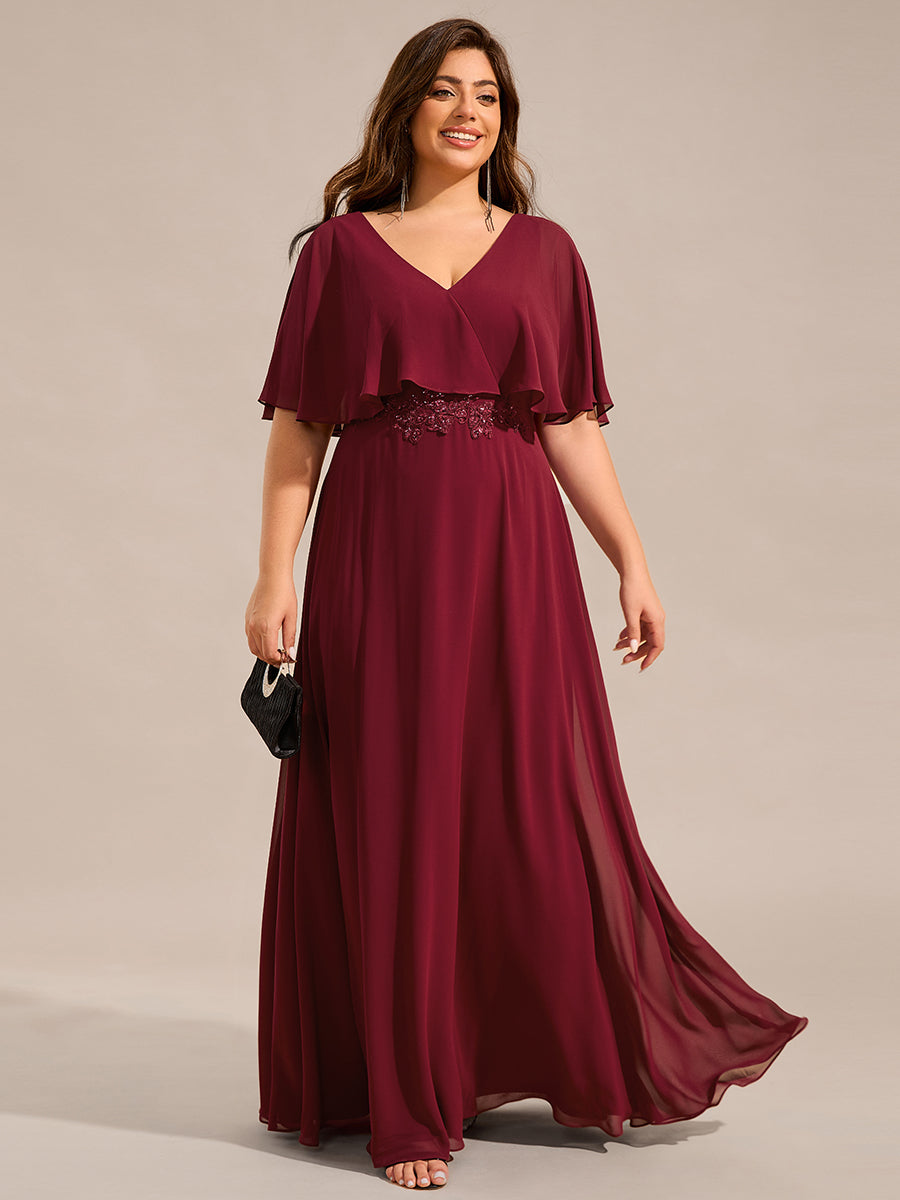 Color=Burgundy | Plus Size Elegant Shawl Bat-wing Sleeve Chiffon Evening Dresses with Applique Decoration-Burgundy 2