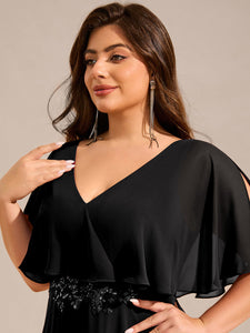 Color=Black | Plus Size Elegant Shawl Bat-wing Sleeve Chiffon Evening Dresses with Applique Decoration-Black 11