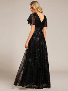 Color=Black | Exquisite Sequin Paillette Embroidery Evening Dresses with Ruffles Sleeve -Black 2