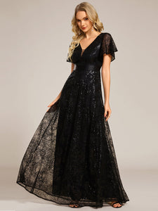 Color=Black | Exquisite Sequin Paillette Embroidery Evening Dresses with Ruffles Sleeve -Black 3