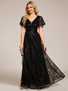 Color=Black | Exquisite Sequin Paillette Embroidery Evening Dresses with Ruffles Sleeve -Black 4