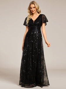 Color=Black | Exquisite Sequin Paillette Embroidery Evening Dresses with Ruffles Sleeve -Black 1